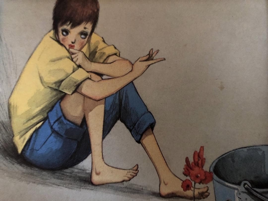 昭和レトロ、中原淳一、【にんじん】、年代物・希少画集画 、新品高級額装付