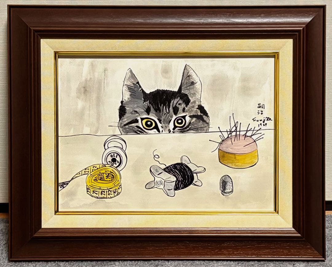 【F4号】手描き油彩　藤田嗣治【仕立て屋の猫】額縁　未使用額　サイン　落款　ネコ
